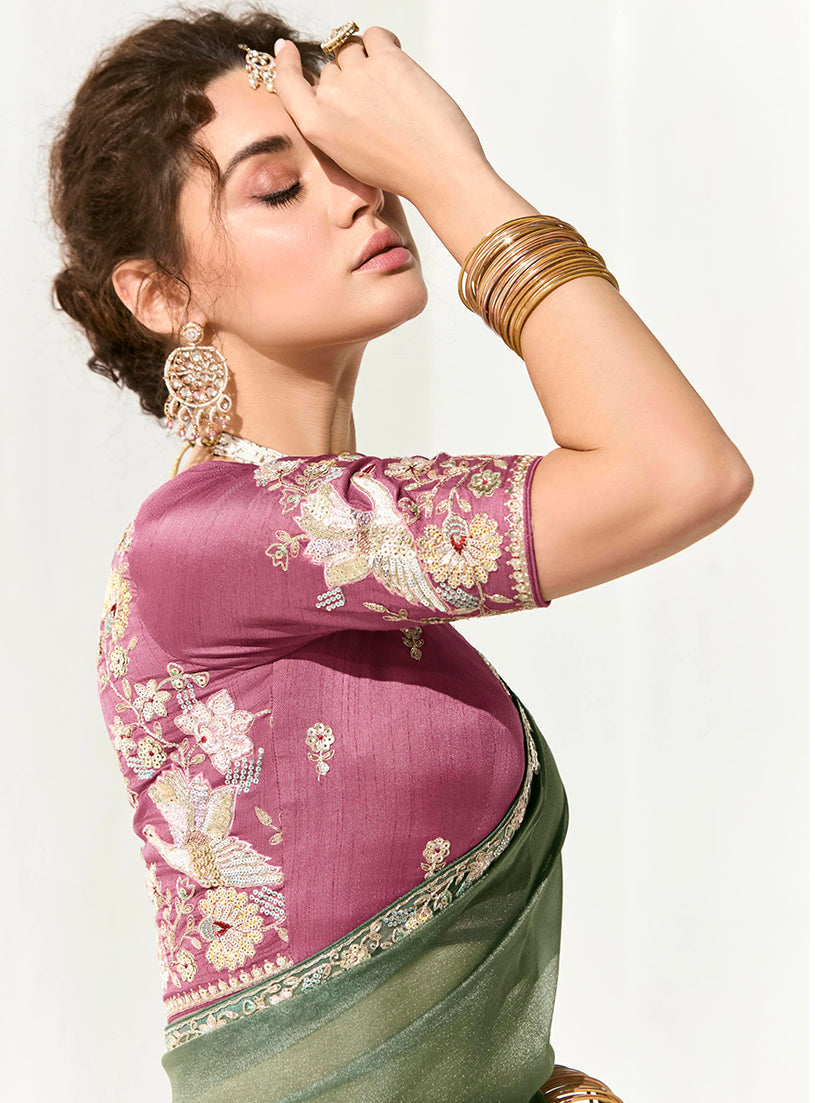 Monjolika Fashion Tissue Embroidered Sequins Classic Saree in Dark Sea Green
