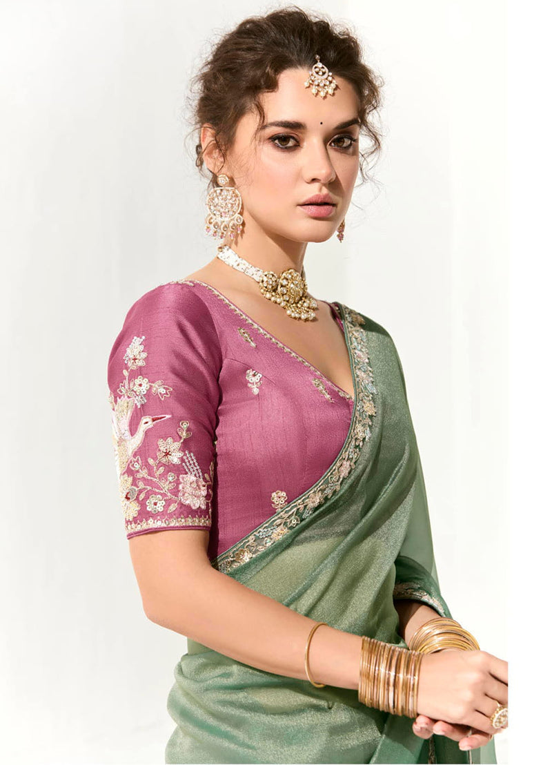 Monjolika Fashion Tissue Embroidered Sequins Classic Saree in Dark Sea Green