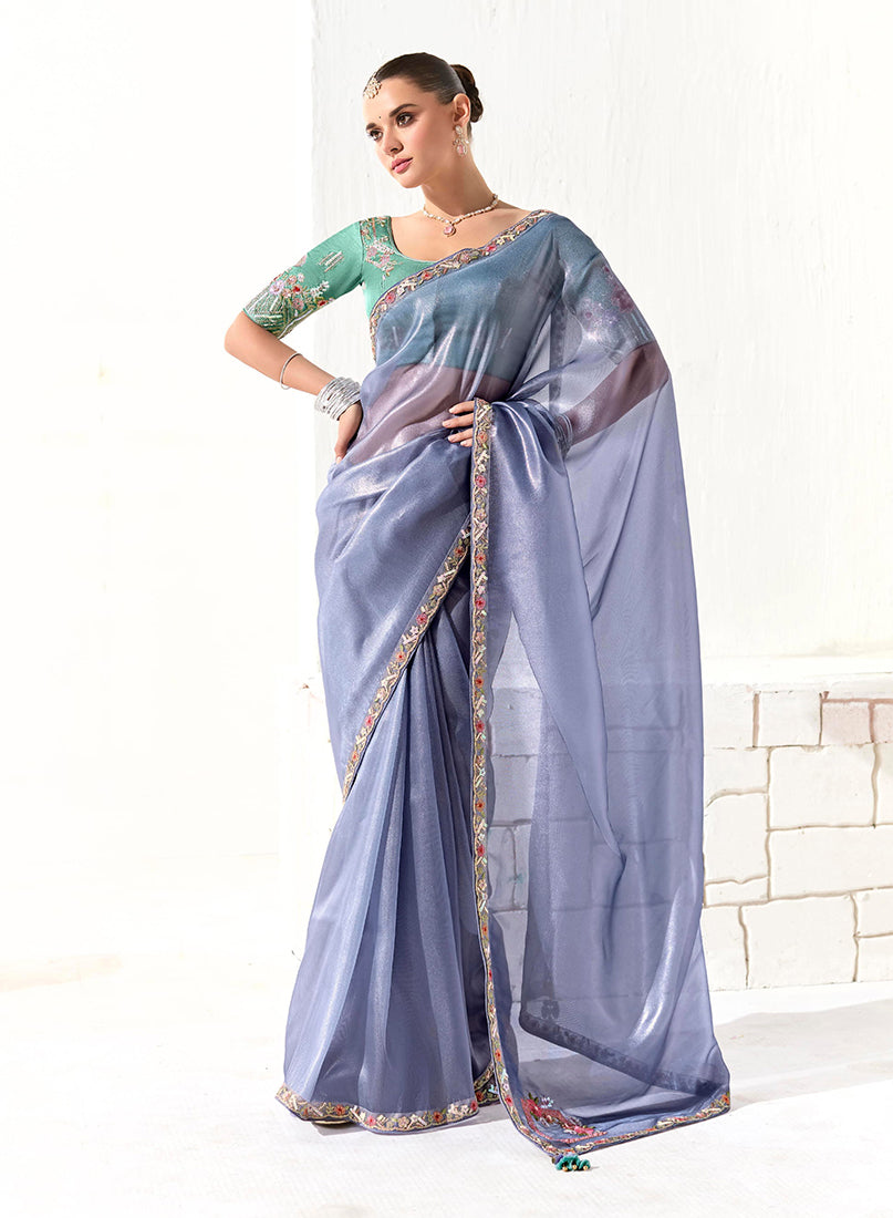 Monjolika Fashion Tissue Light Lavender Embroidered Border Contemporary Saree - Distacart