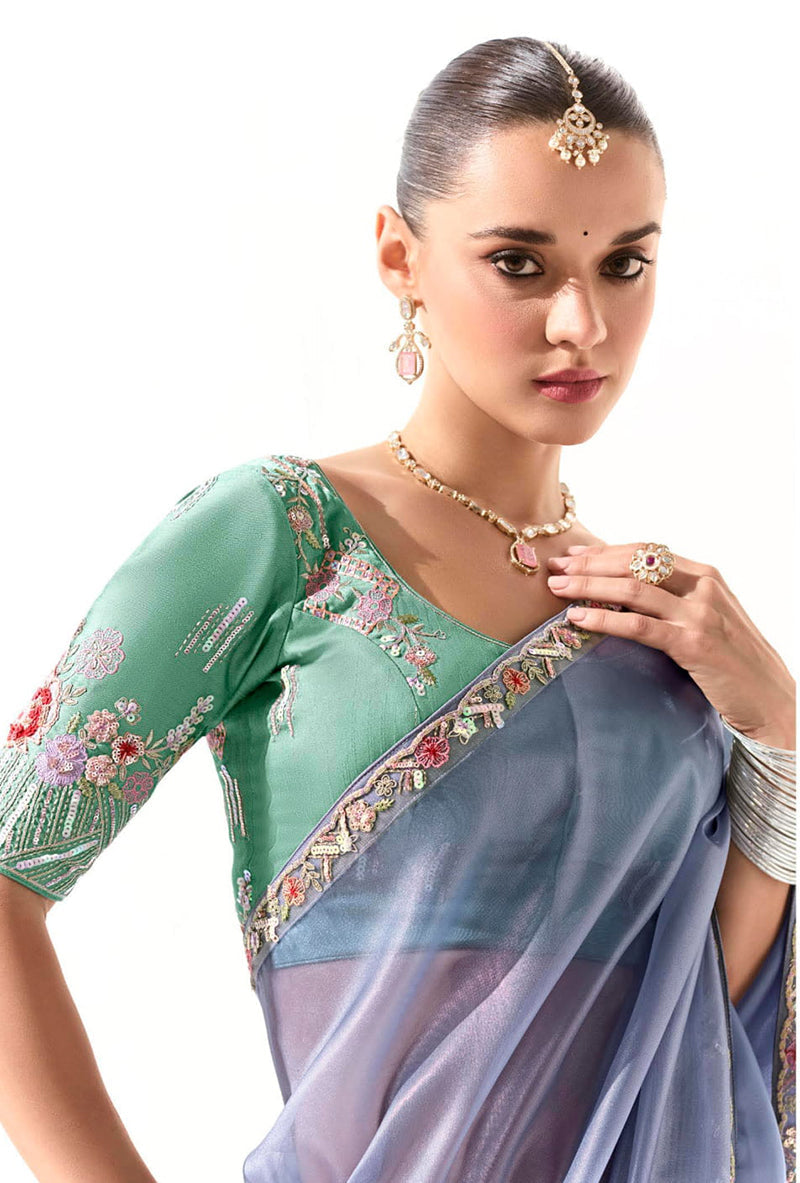 Monjolika Fashion Tissue Light Lavender Embroidered Border Contemporary Saree - Distacart
