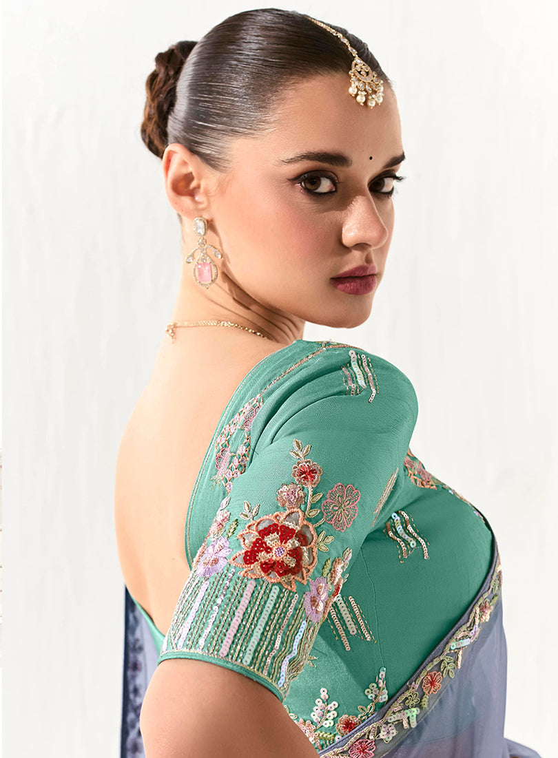 Monjolika Fashion Tissue Light Lavender Embroidered Border Contemporary Saree - Distacart