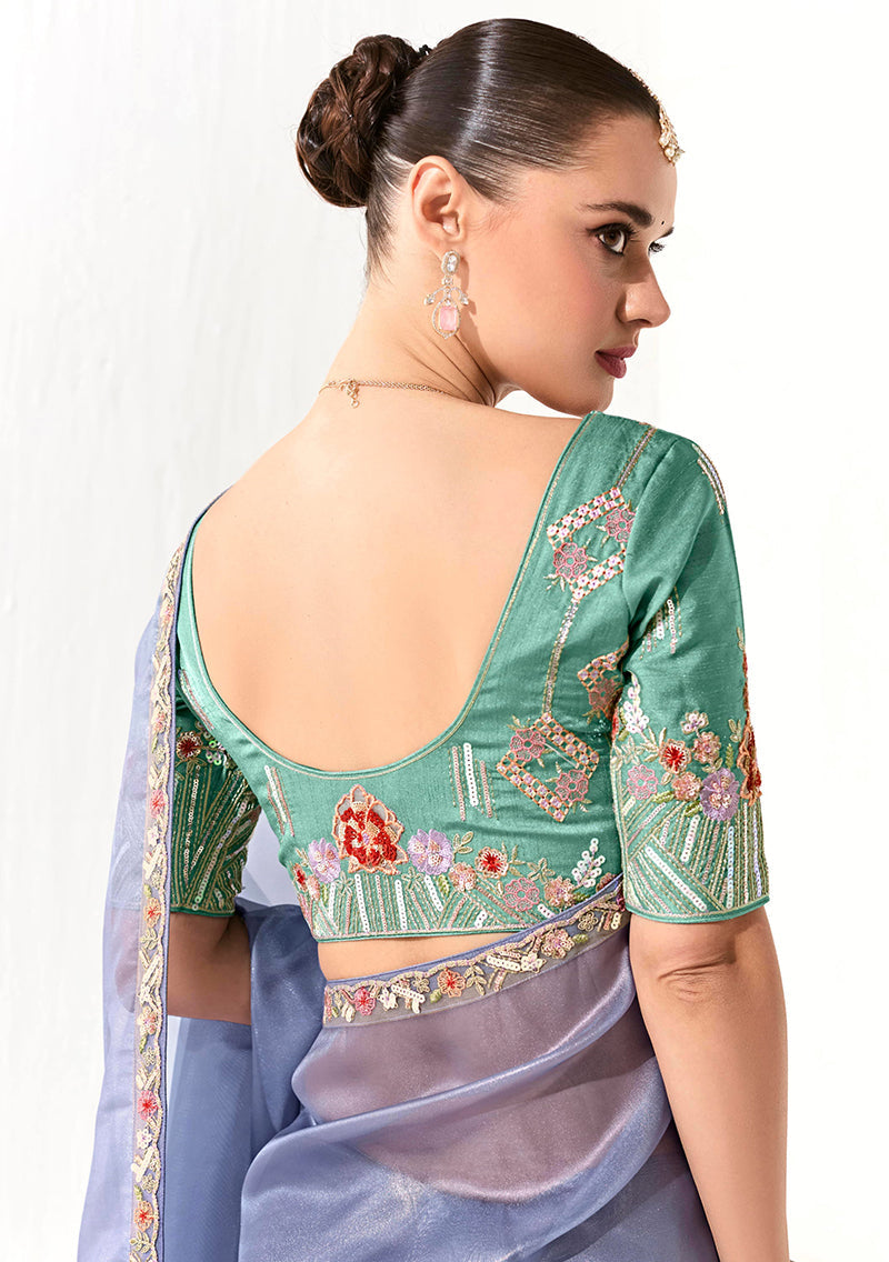 Monjolika Fashion Tissue Light Lavender Embroidered Border Contemporary Saree - Distacart