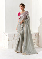 Monjolika Fashion Tissue Organza Light Grey Embroidered Sequins Designer Saree