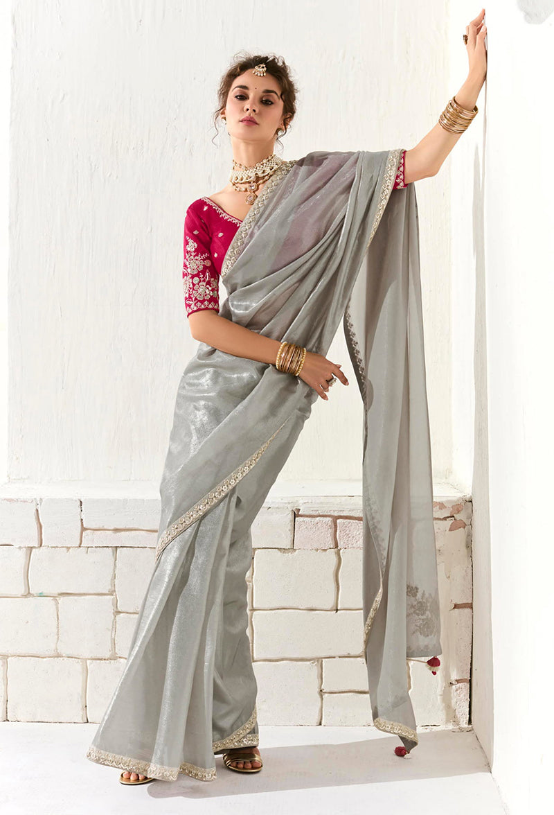 Monjolika Fashion Tissue Organza Light Grey Embroidered Sequins Designer Saree