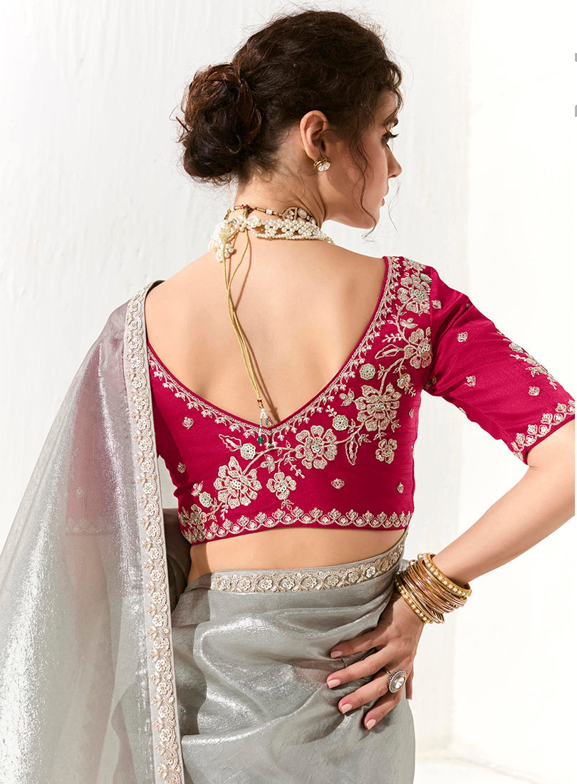 Monjolika Fashion Tissue Organza Light Grey Embroidered Sequins Designer Saree
