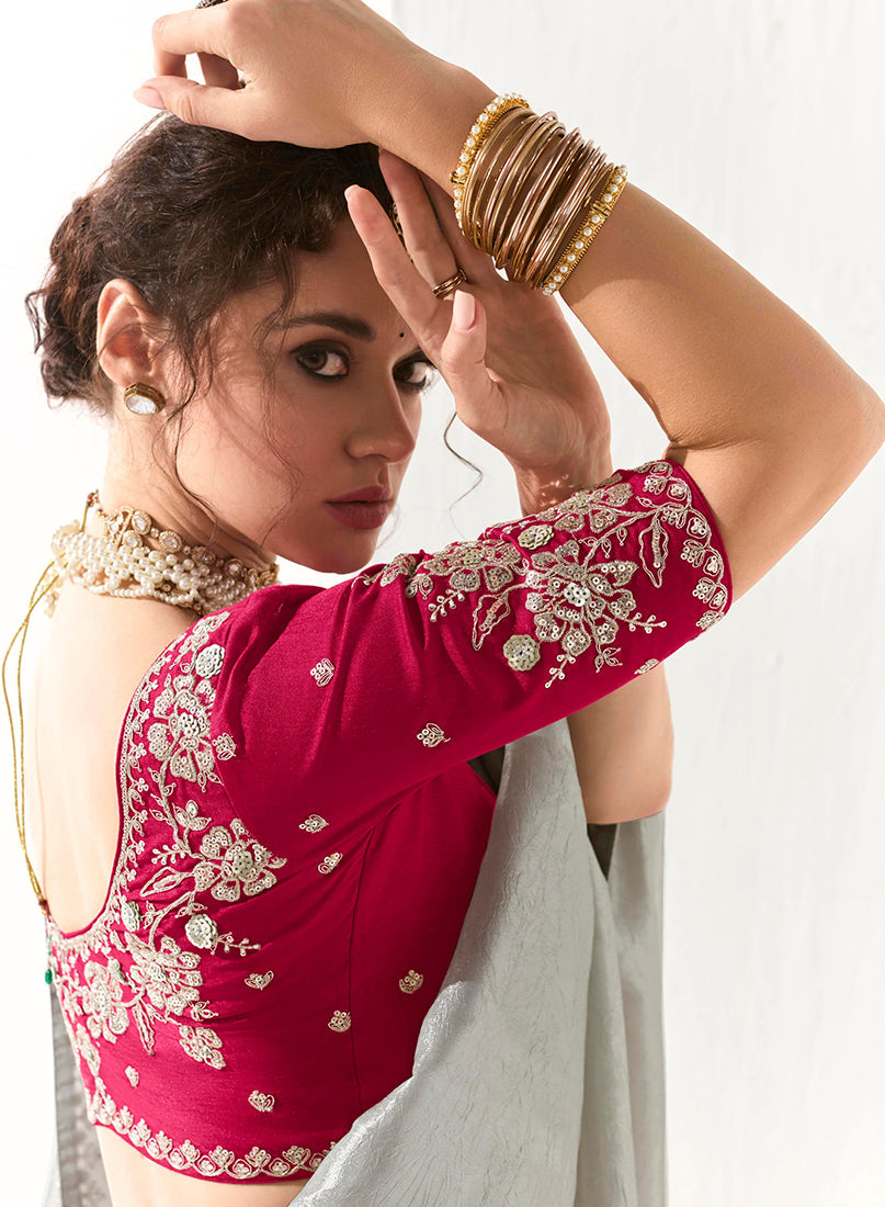 Monjolika Fashion Tissue Organza Light Grey Embroidered Sequins Designer Saree