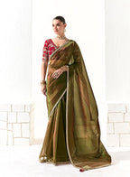 Monjolika Fashion Tissue Embroidered Sequins Dark Olive Traditional Saree - Distacart