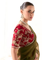 Monjolika Fashion Tissue Embroidered Sequins Dark Olive Traditional Saree - Distacart