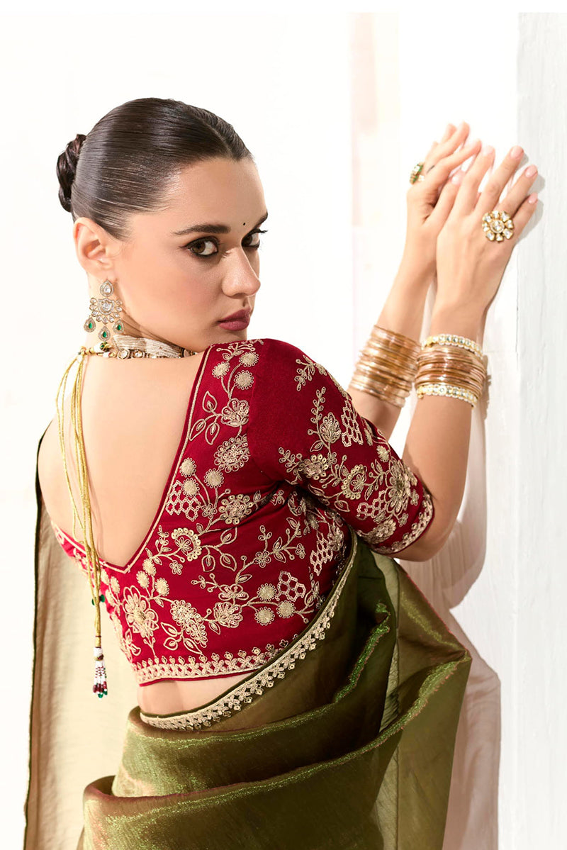 Monjolika Fashion Tissue Embroidered Sequins Dark Olive Traditional Saree - Distacart