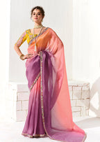 Monjolika Fashion Tissue Organza Pink and Purple Embroidered Trendy Saree
