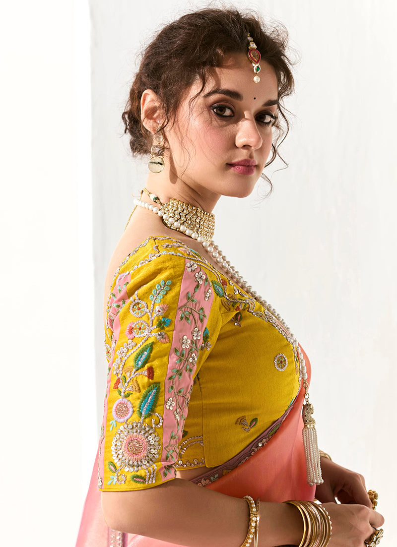 Monjolika Fashion Tissue Organza Pink and Purple Embroidered Trendy Saree