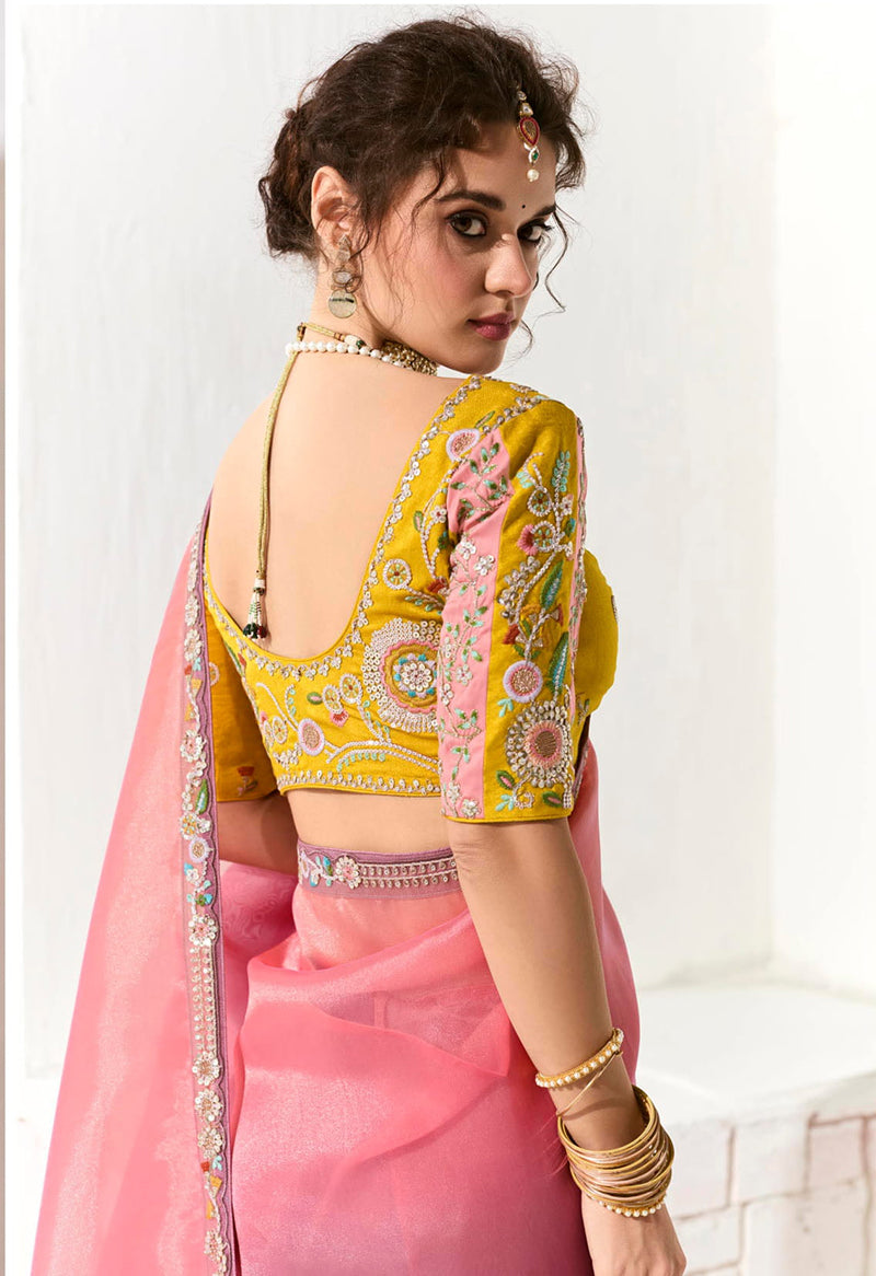 Monjolika Fashion Tissue Organza Pink and Purple Embroidered Trendy Saree