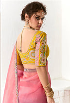 Monjolika Fashion Tissue Organza Pink and Purple Embroidered Trendy Saree