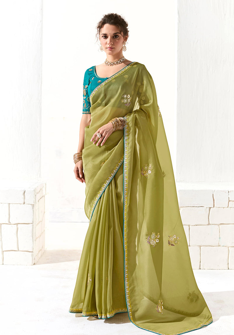Monjolika Fashion Tissue Organza Olive Green Embroidered Classic Saree