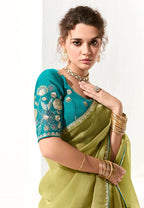 Monjolika Fashion Tissue Organza Olive Green Embroidered Classic Saree