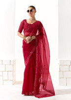 Monjolika Fashion Embroidered Dark Red Tissue Organza Classic Saree - Distacart