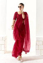 Monjolika Fashion Embroidered Dark Red Tissue Organza Classic Saree - Distacart