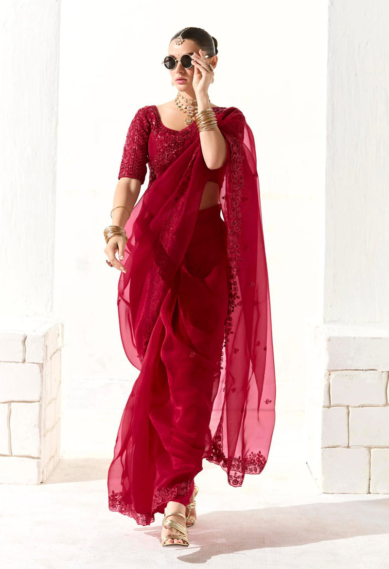 Monjolika Fashion Embroidered Dark Red Tissue Organza Classic Saree - Distacart