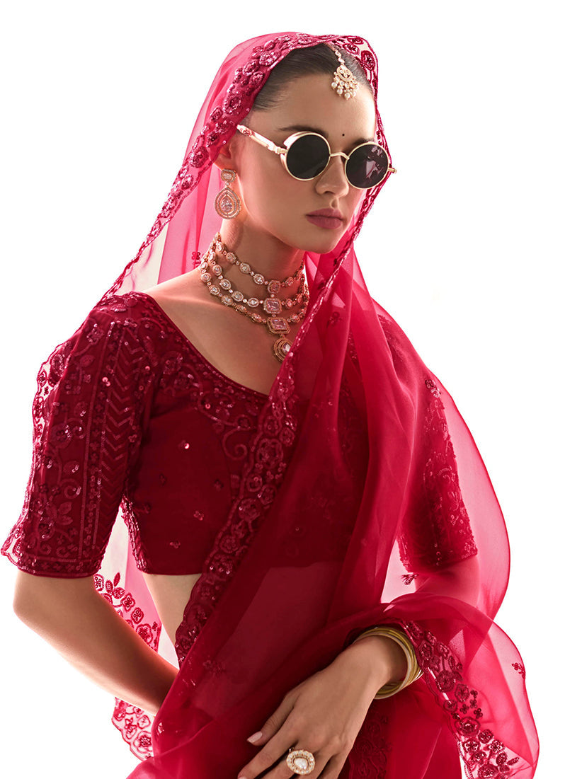 Monjolika Fashion Embroidered Dark Red Tissue Organza Classic Saree - Distacart