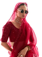 Monjolika Fashion Embroidered Dark Red Tissue Organza Classic Saree - Distacart
