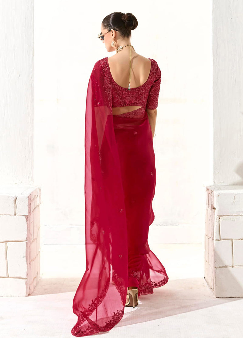 Monjolika Fashion Embroidered Dark Red Tissue Organza Classic Saree - Distacart