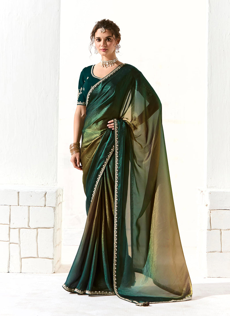 Monjolika Fashion Embroidered Sequins Tissue Organza Contemporary Saree in Dark Teal