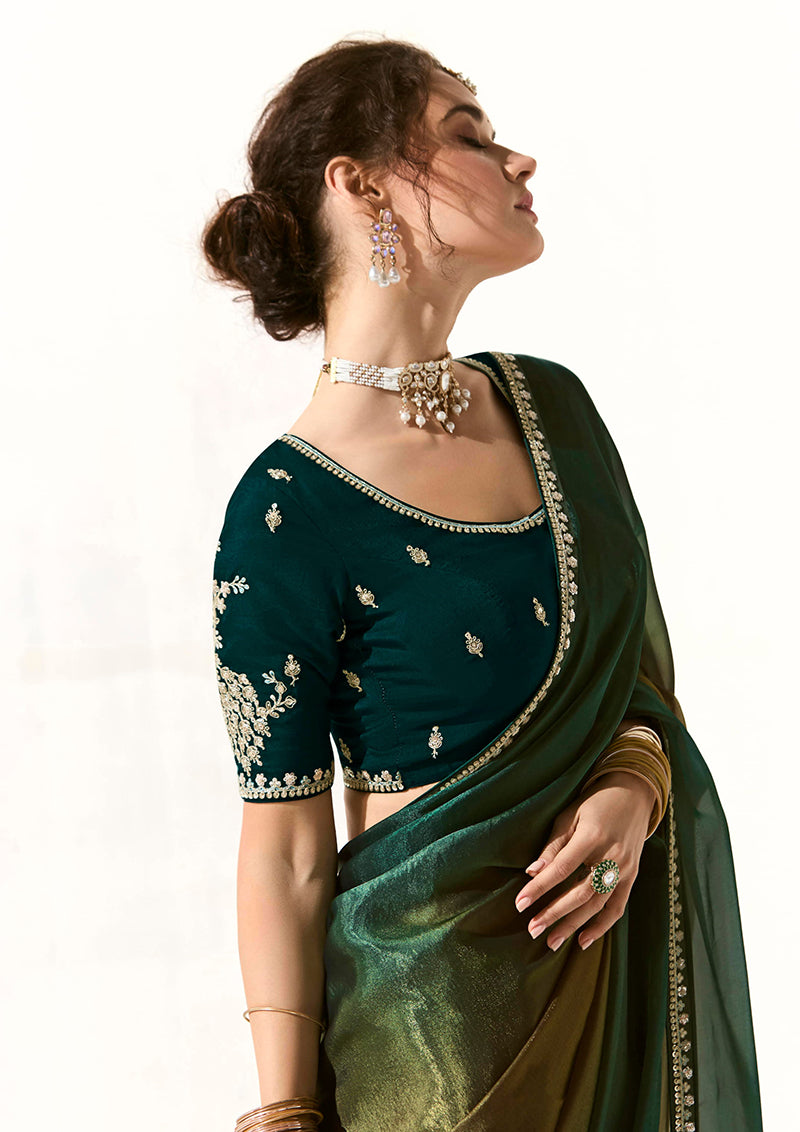 Monjolika Fashion Embroidered Sequins Tissue Organza Contemporary Saree in Dark Teal