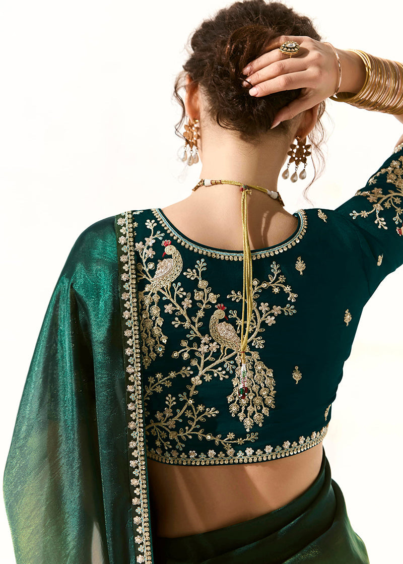 Monjolika Fashion Embroidered Sequins Tissue Organza Contemporary Saree in Dark Teal
