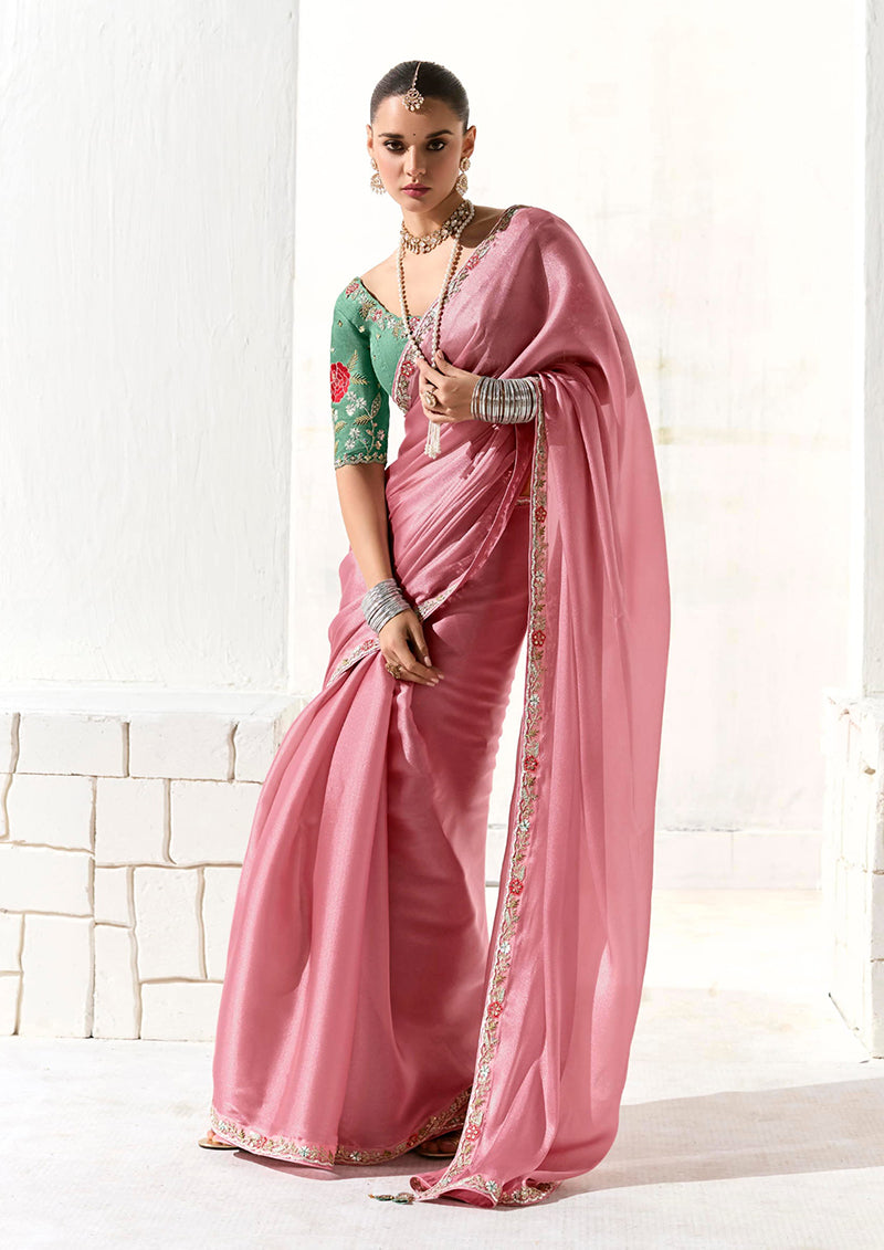 Monjolika Fashion Tissue Embroidered Border Designer Saree in Pink