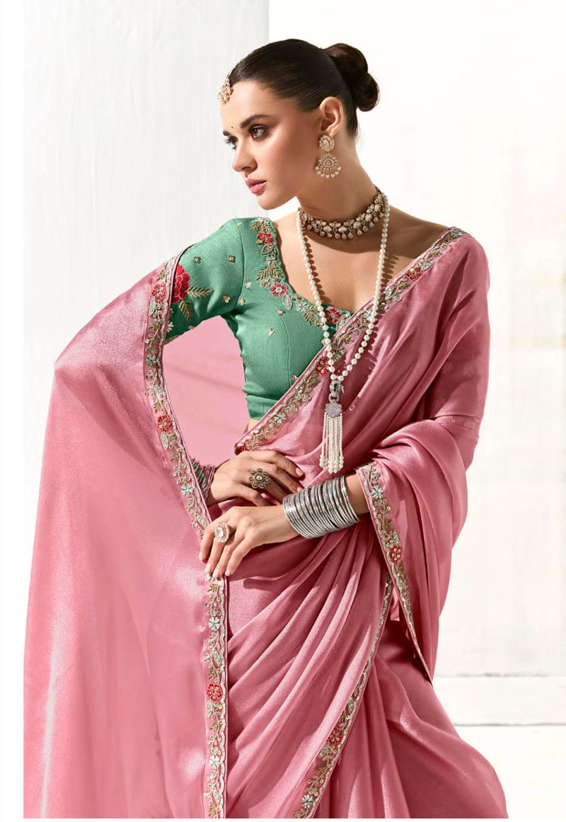 Monjolika Fashion Tissue Embroidered Border Designer Saree in Pink