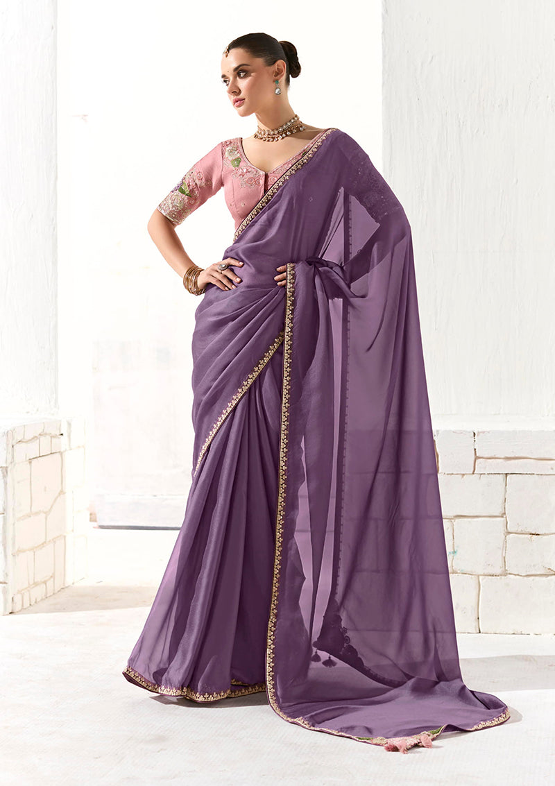 Monjolika Fashion Tissue Embroidered Sequins Lilac Traditional Saree