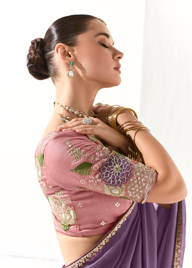 Monjolika Fashion Tissue Embroidered Sequins Lilac Traditional Saree