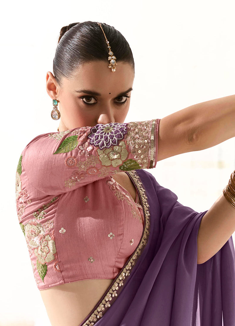 Monjolika Fashion Tissue Embroidered Sequins Lilac Traditional Saree