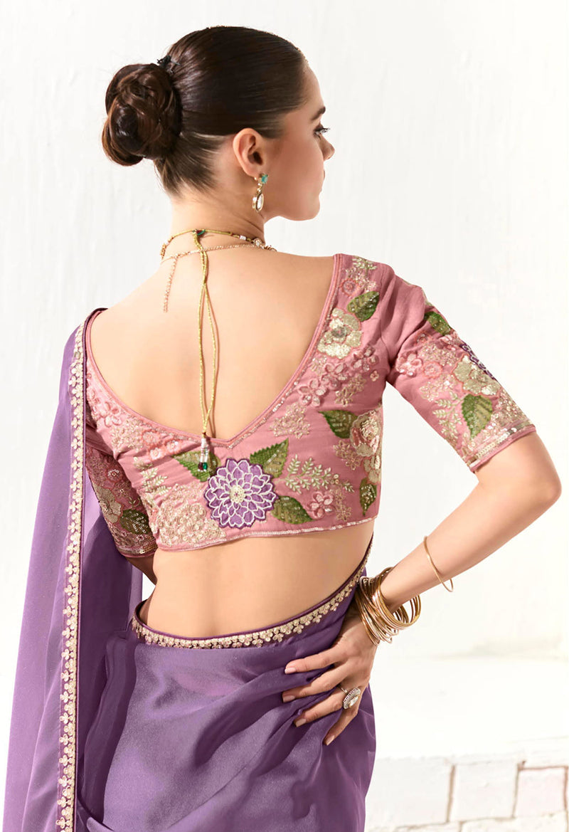 Monjolika Fashion Tissue Embroidered Sequins Lilac Traditional Saree