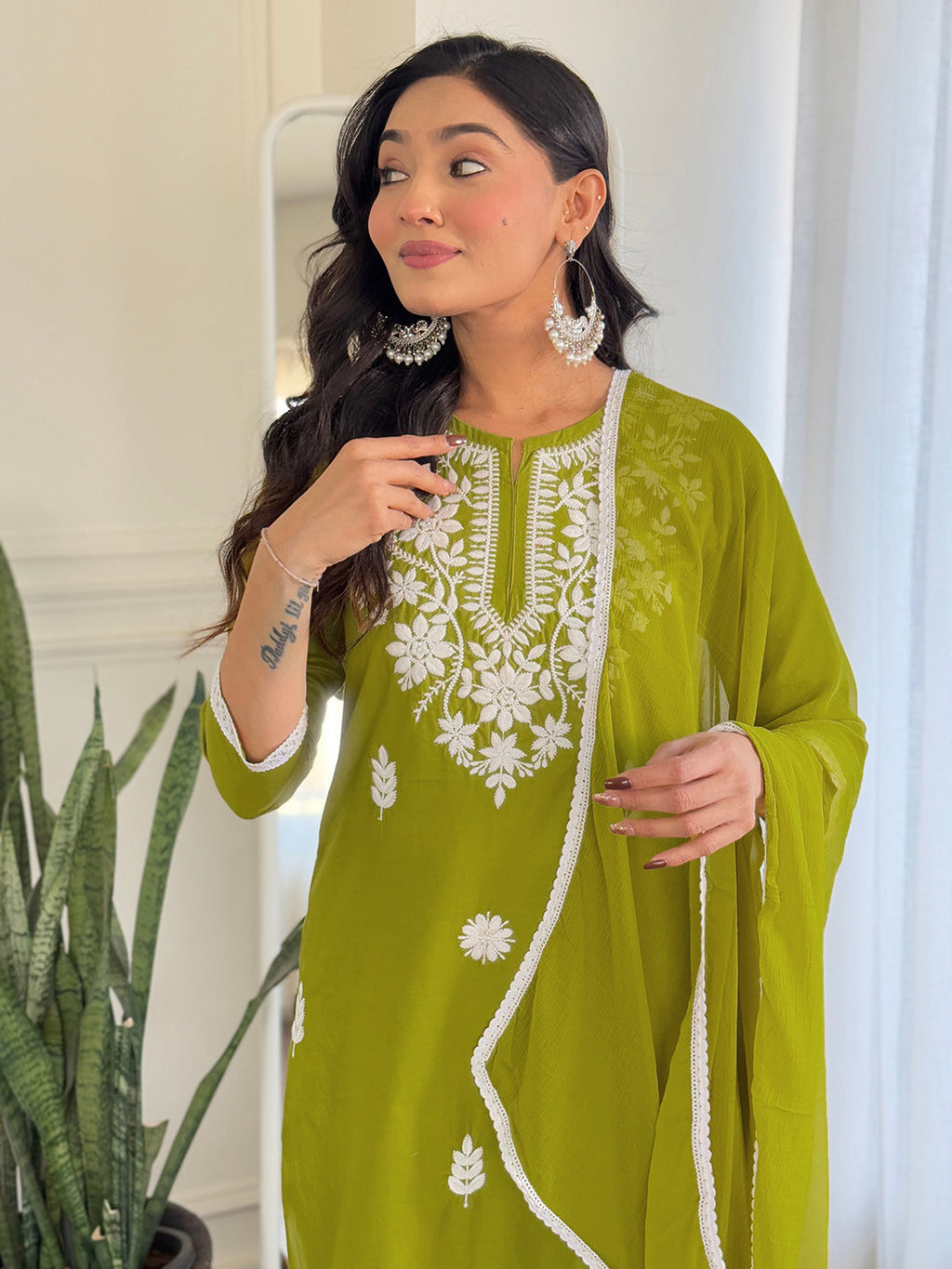 The52 Chikankari Work with Pure Cotton Fabric Straight Kurta, Pant and Dupatta Set - Distacart