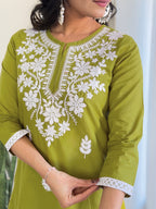 The52 Chikankari Work with Pure Cotton Fabric Straight Kurta, Pant and Dupatta Set - Distacart