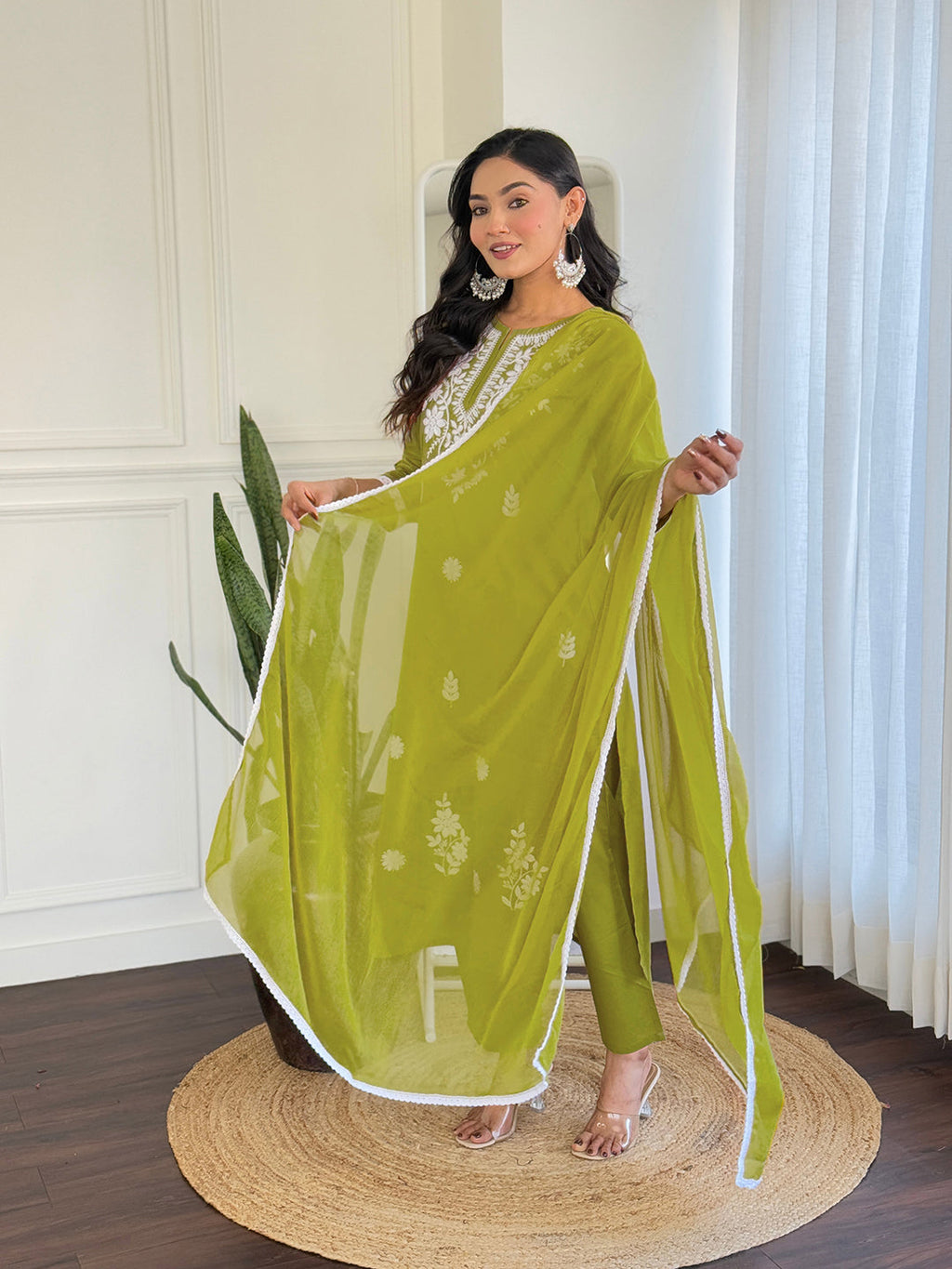 The52 Chikankari Work with Pure Cotton Fabric Straight Kurta, Pant and Dupatta Set - Distacart