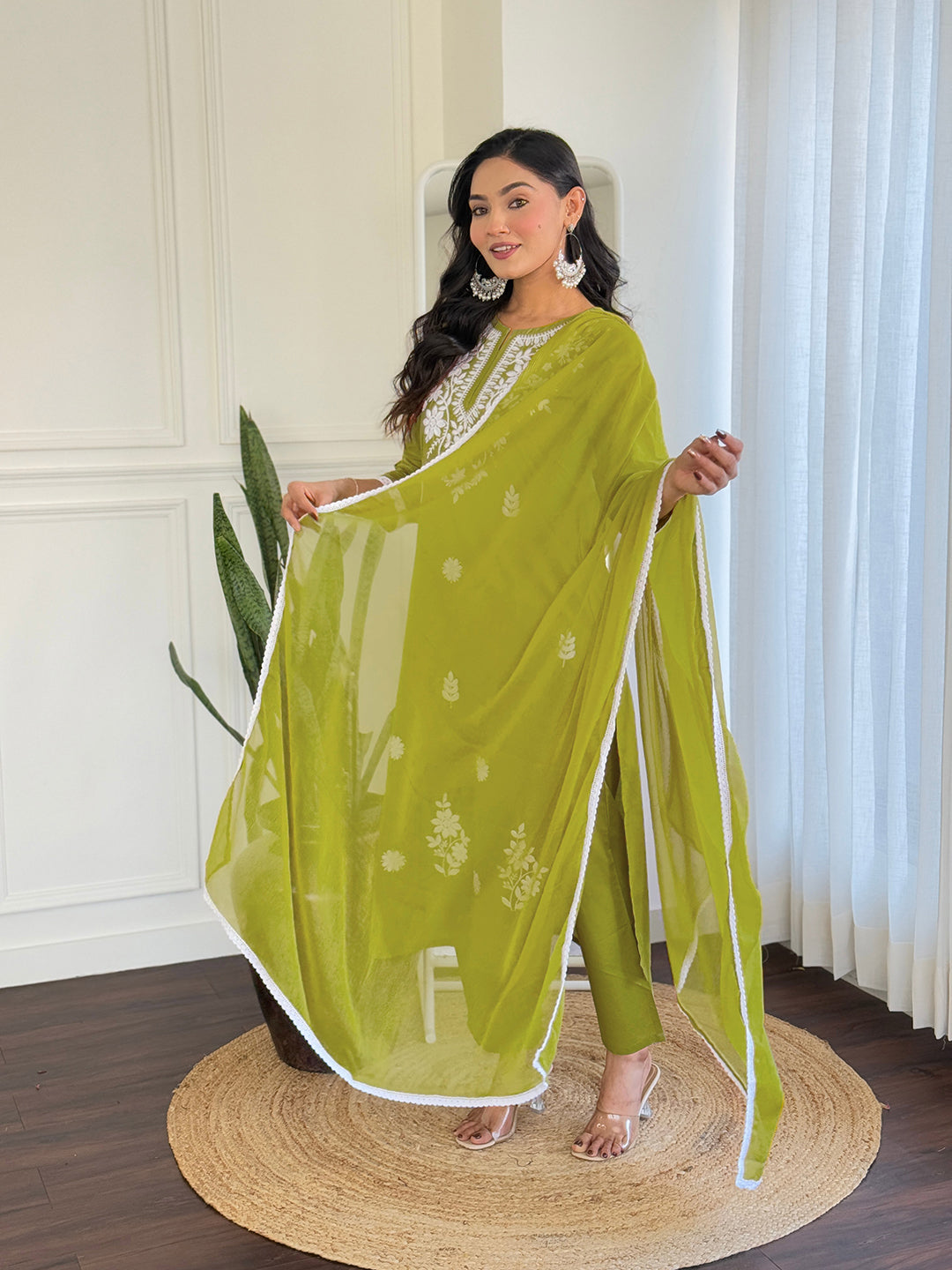 The52 Chikankari Work with Pure Cotton Fabric Straight Kurta, Pant and Dupatta Set - Distacart