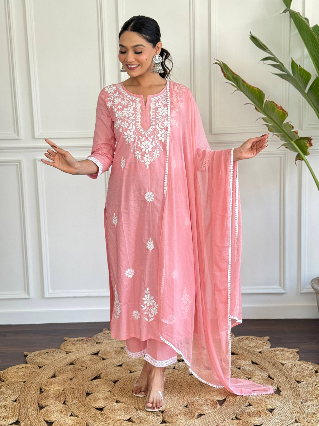 The52 Chikankari Work with Pure Cotton Fabric Straight Kurta, Pant and Dupatta Set - Distacart