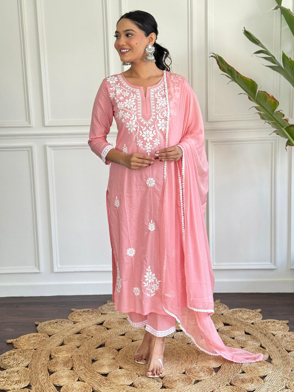 The52 Chikankari Work with Pure Cotton Fabric Straight Kurta, Pant and Dupatta Set - Distacart