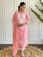 The52 Chikankari Work with Pure Cotton Fabric Straight Kurta, Pant and Dupatta Set - Distacart