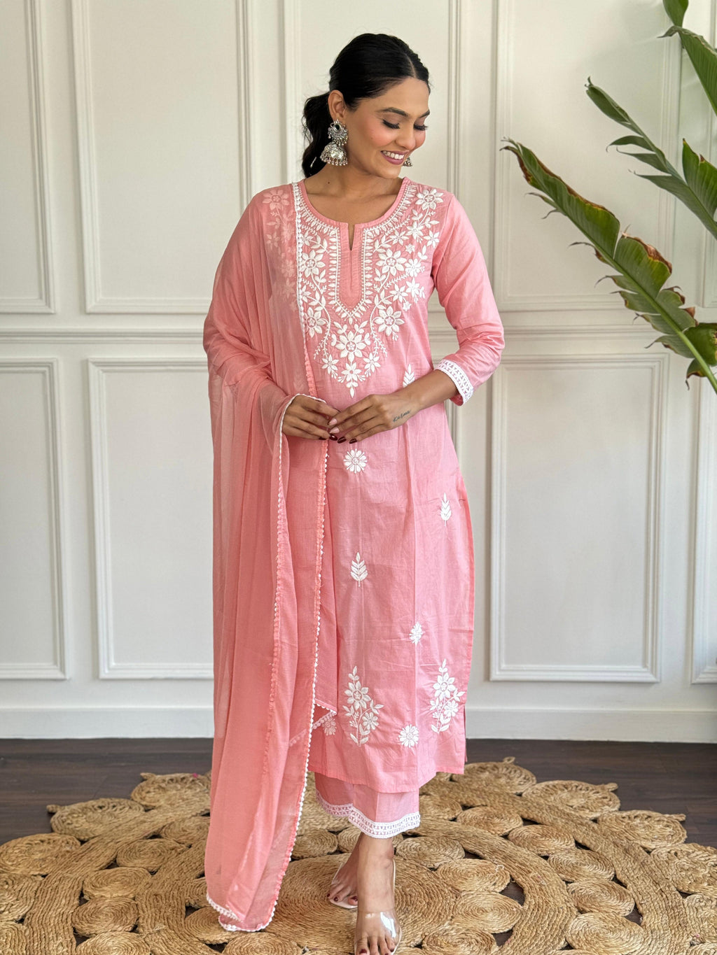 The52 Chikankari Work with Pure Cotton Fabric Straight Kurta, Pant and Dupatta Set - Distacart