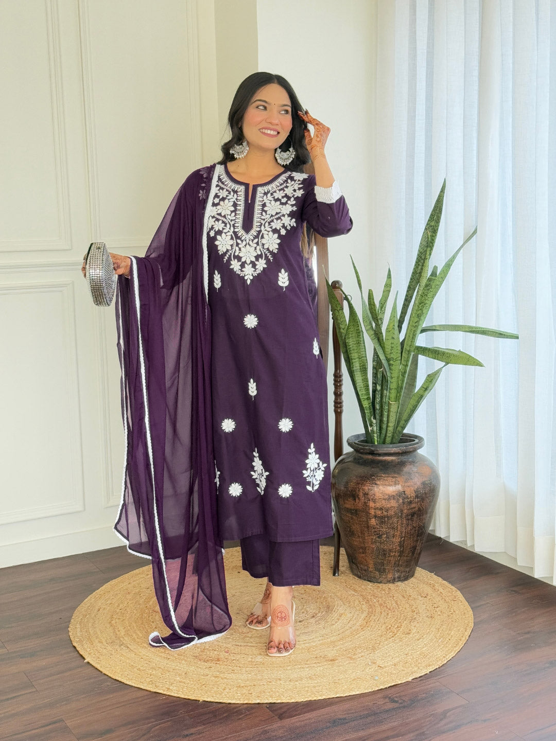 The52 Chikankari Work with Pure Cotton Fabric Straight Kurta, Pant and Dupatta Set - Distacart
