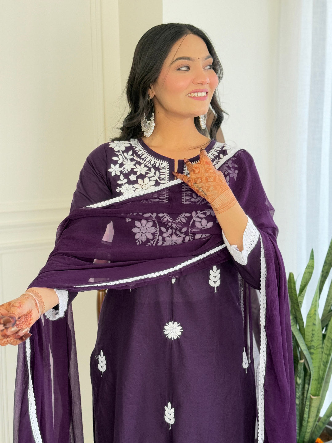 The52 Chikankari Work with Pure Cotton Fabric Straight Kurta, Pant and Dupatta Set - Distacart
