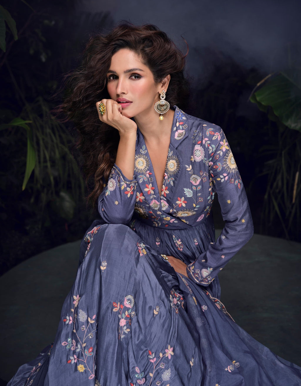 Anaita Dark Lavender Heavy Chinon With Embroidery Stitched Gown - Distacart