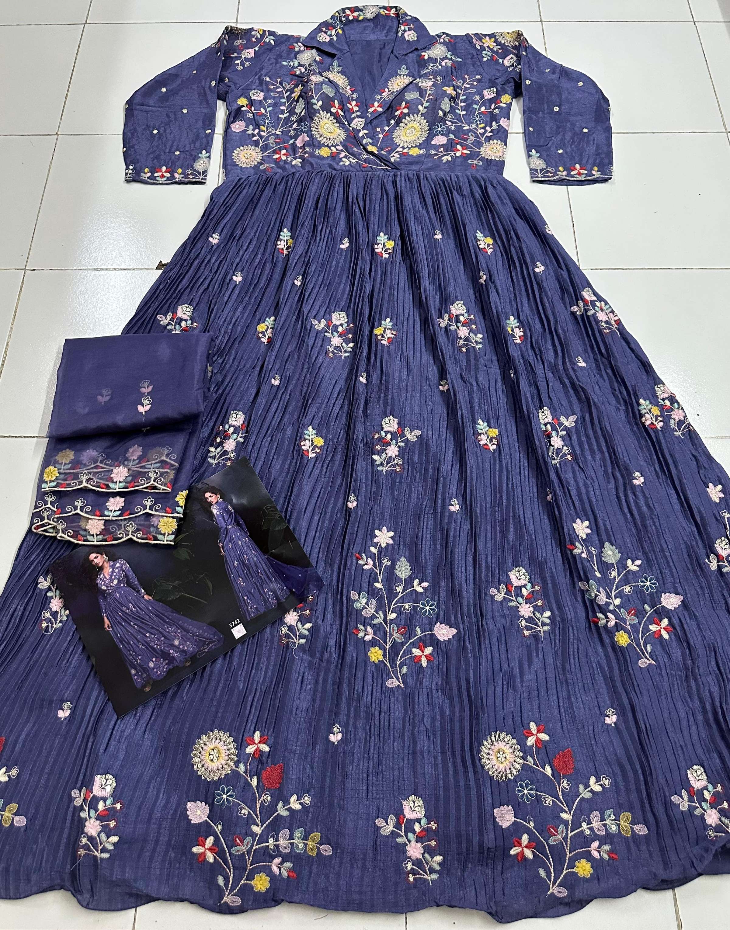 Anaita Dark Lavender Heavy Chinon With Embroidery Stitched Gown - Distacart