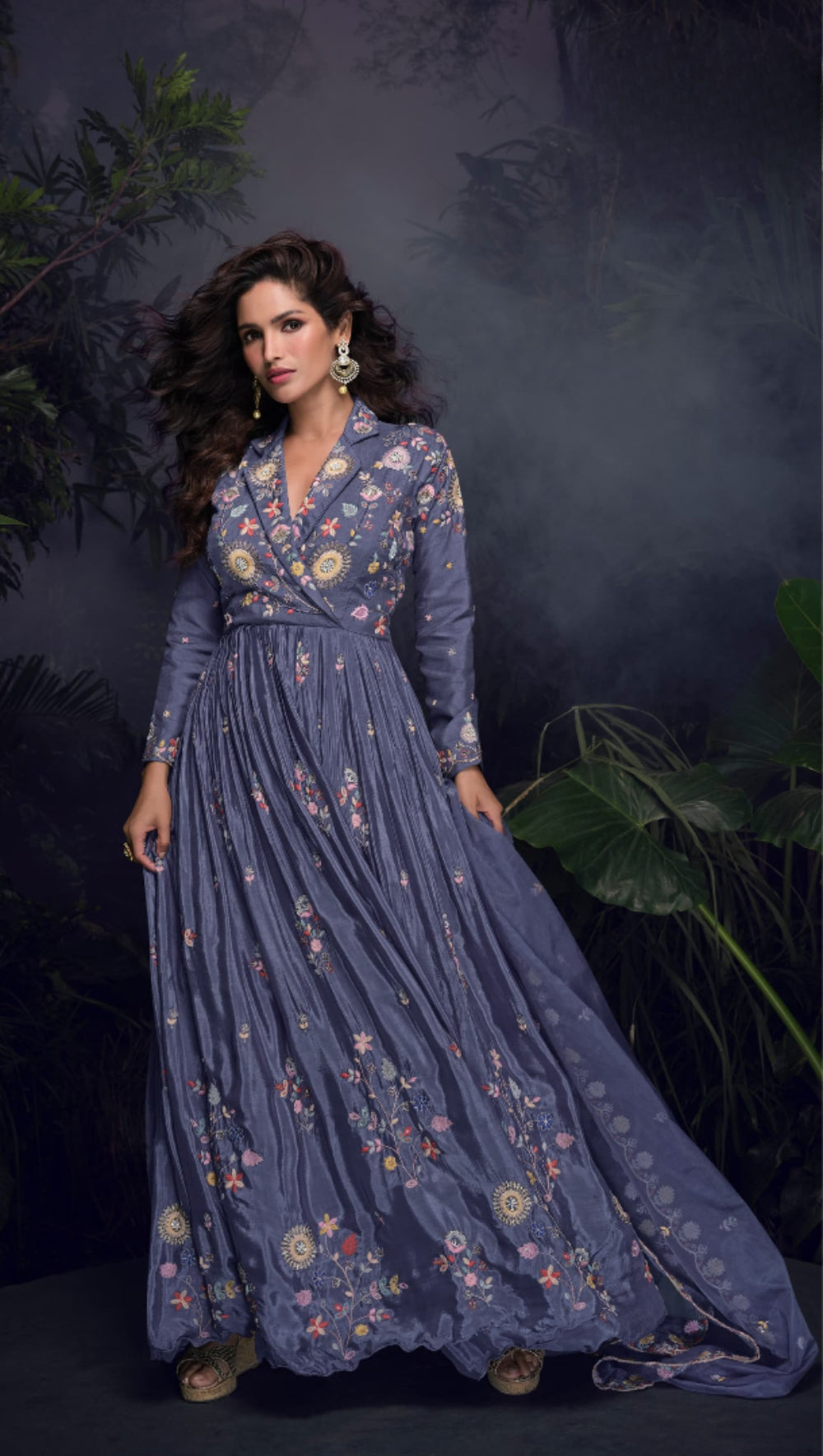 Anaita Dark Lavender Heavy Chinon With Embroidery Stitched Gown - Distacart