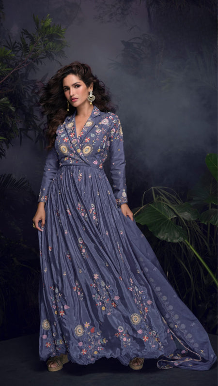 Anaita Dark Lavender Heavy Chinon With Embroidery Stitched Gown