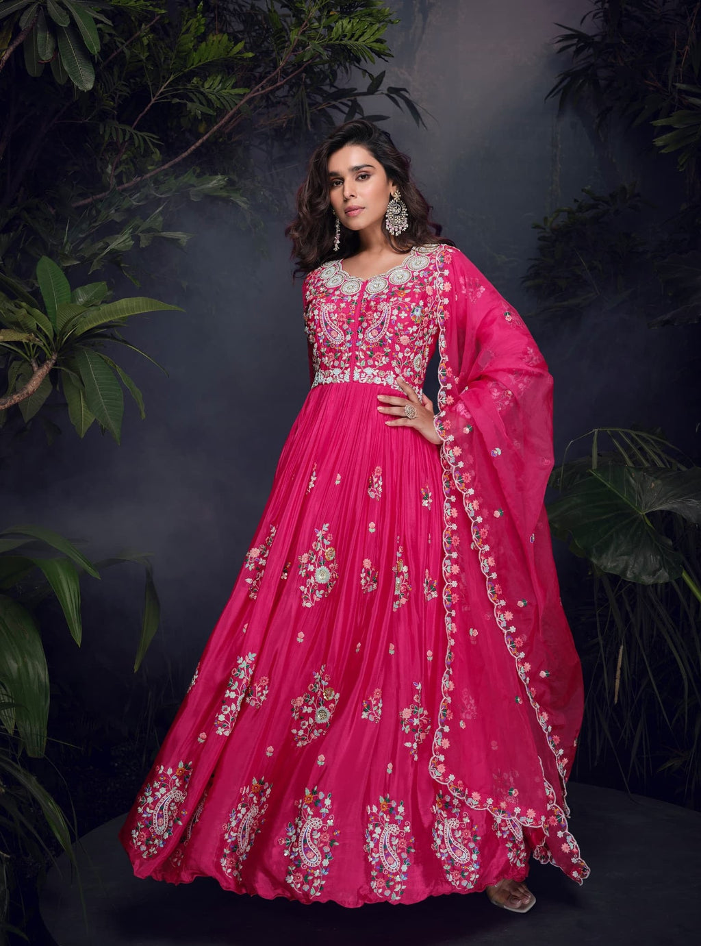 Anaita Pink Heavy Chinon With Embroidery Stitched Gown - Distacart