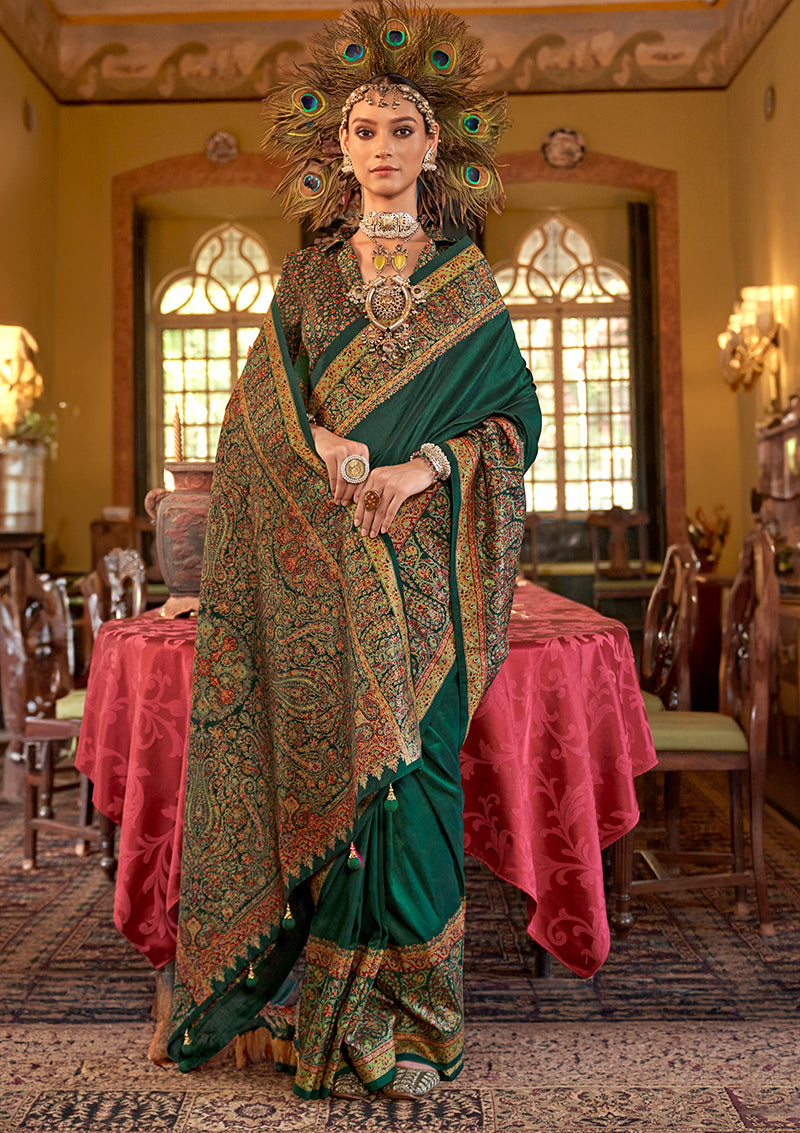 Monjolika Fashion Silk Blend Dark Green Printed Contemporary Saree